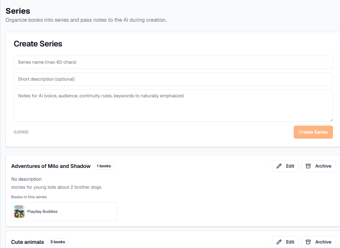 BookCreatorStudio's Series management page lets you create named series, define AI continuity rules, and track which books belong to each series.
